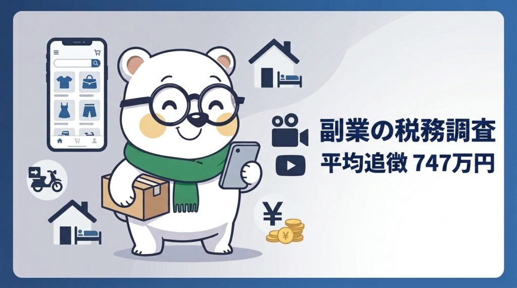 シロクマくんがスマホと荷物を持ち、シェアエコ関連アイコンに囲まれる—副業の税務調査平均747万円のイメージ