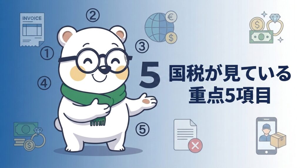 シロクマくんが5項目を説明する—国税が3年連続で掲げる重点5項目のイメージ